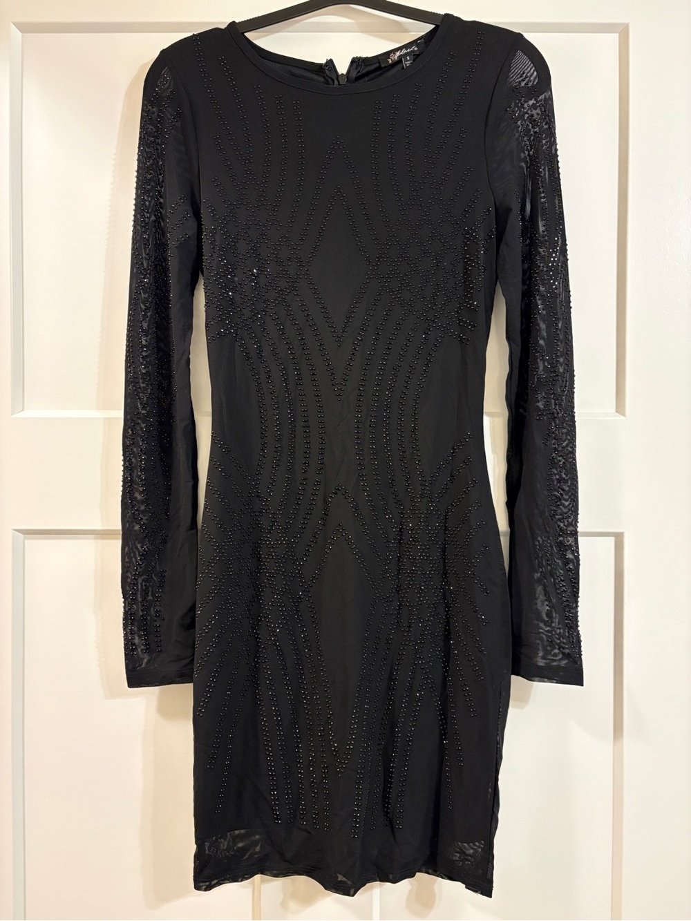 Black Long-Sleeve Beaded Sheer-Panel Dress